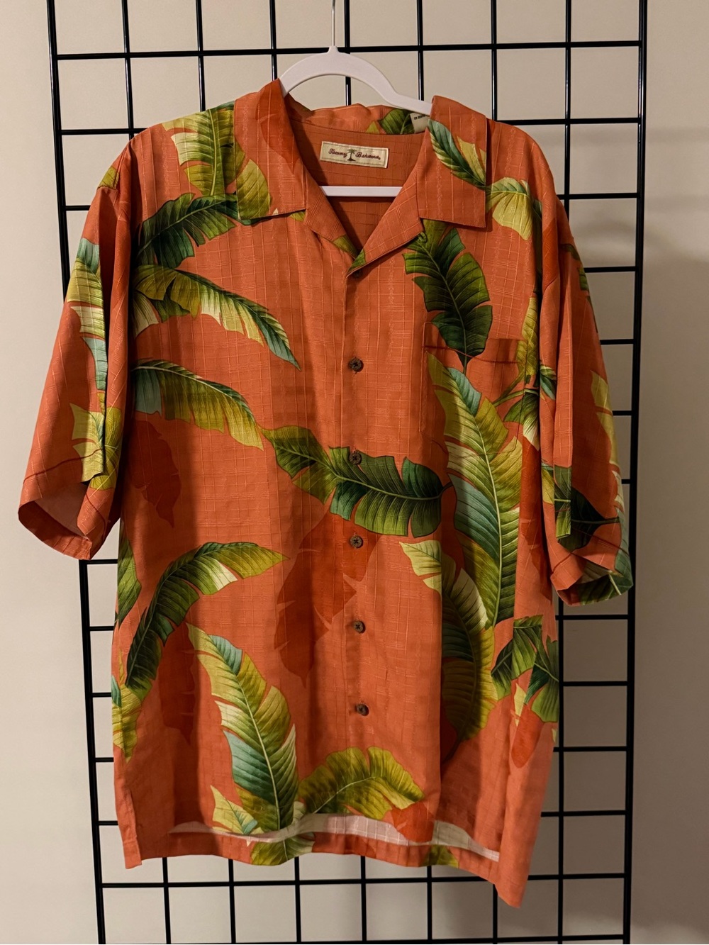 Tommy Bahama Orange Camp-Collar Shirt with Green Leaf Print